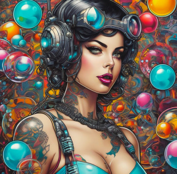 Zeitgenössisches Werk mit dem Titel « Bubbles cyber girl », Erstellt von DORON B