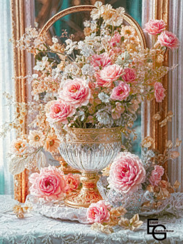 Zeitgenössisches Werk mit dem Titel « Timeless Beauty- A Luxurious Floral Still Life. Blooming Elegance- A Symphony of Roses and Crystal. », Erstellt von ELEGANTCHIKOVA