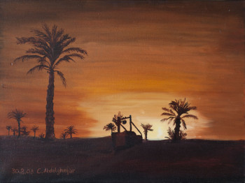 Zeitgenössisches Werk mit dem Titel « Oase bei Sonnenuntergang », Erstellt von ABDELGHAFAR