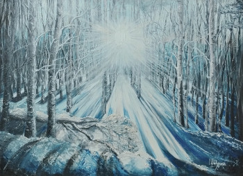 Zeitgenössisches Werk mit dem Titel « Forêt Enneigée Illuminée », Erstellt von IRYNA MALYNOVSKA