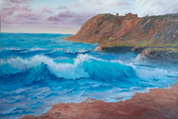 Zeitgenössisches Werk mit dem Titel « Vagues d'Émeraude : Peinture à l'Huile Paysage Marin de 73x 50x 2 cm », Erstellt von NORIART