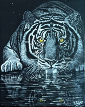 Zeitgenössisches Werk mit dem Titel « Un tigre boit dans la rivière », Erstellt von JEAN-CLAUDE ROBLES