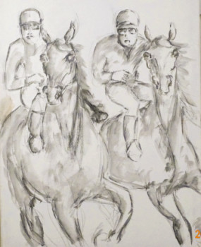 Zeitgenössisches Werk mit dem Titel « Jockeys Kopf an Kopf », Erstellt von HORST LUDWIG  "ALKUHL"