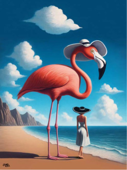 Zeitgenössisches Werk mit dem Titel « La rencontre onirique du Flamant rose et de la dame au chapeau », Erstellt von KIKá GóMEZ ILIAN