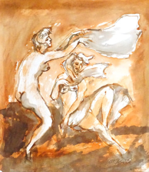 Zeitgenössisches Werk mit dem Titel « Zwei Fräulein im Wind: Ein stiller Moment in den Dünen », Erstellt von HORST LUDWIG  "ALKUHL"