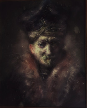 Zeitgenössisches Werk mit dem Titel « D'après Rembrandt, Portrait d'un Homme avec de la Fourrure », Erstellt von LA CIGOGNE