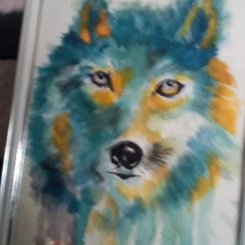 Zeitgenössisches Werk mit dem Titel « Mon loup bleu », Erstellt von CELIAQUARELLE