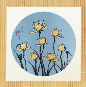 Zeitgenössisches Werk mit dem Titel « Golden Lotus pond - blue », Erstellt von HAO RAN