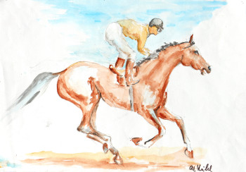 Zeitgenössisches Werk mit dem Titel « Jockey im Ausgalopp », Erstellt von HORST LUDWIG  "ALKUHL"