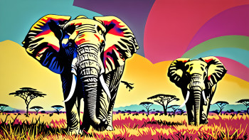 Zeitgenössisches Werk mit dem Titel « les elephants façon pop art », Erstellt von DOMINIQUE DULOT DIGITAL