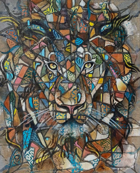 Zeitgenössisches Werk mit dem Titel « Lion III - Huile sur toile 81 x65 cm », Erstellt von ASSAëL