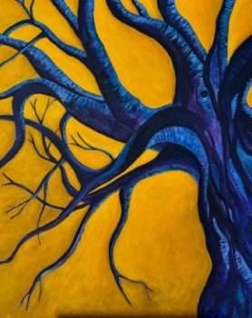 Zeitgenössisches Werk mit dem Titel « Arbre bleu sur fond jaune », Erstellt von MATH