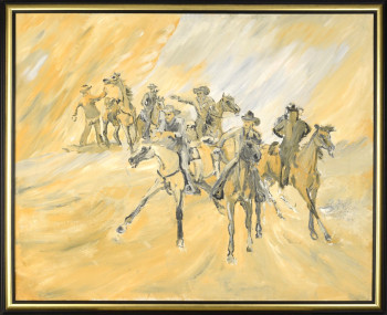 Zeitgenössisches Werk mit dem Titel « Im Strum des Westens – Der Anritt der Cowboys », Erstellt von HORST LUDWIG  "ALKUHL"