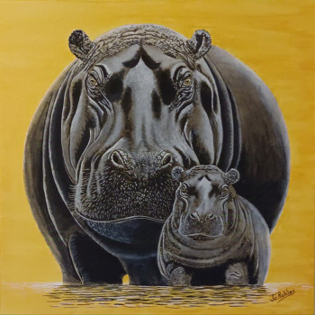 Zeitgenössisches Werk mit dem Titel « Hippopotames sur toile 100 % coton 340 g/m2. Peinture Originale acrylique. », Erstellt von JEAN-CLAUDE ROBLES