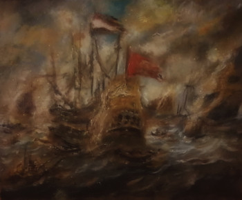 Zeitgenössisches Werk mit dem Titel « Inspiré de Willem Van de Velde, The Dutch Fleet is Burning », Erstellt von LA CIGOGNE