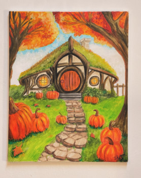 Zeitgenössisches Werk mit dem Titel « Maison de hobbit en automne », Erstellt von LUTINEDELEURE