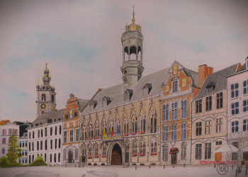 Zeitgenössisches Werk mit dem Titel « La Grand-Place de Mons », Erstellt von PIRDESSINS