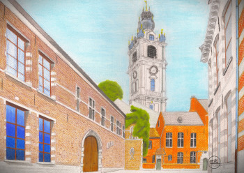 Zeitgenössisches Werk mit dem Titel « Vue sur le beffroi de Mons », Erstellt von PIRDESSINS
