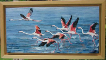 Zeitgenössisches Werk mit dem Titel « Les flamants roses en Camargue », Erstellt von DANIELLE DE BLOCK