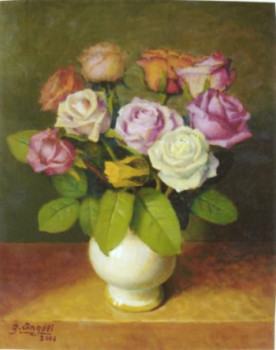 Zeitgenössisches Werk mit dem Titel « roses au vase blanc », Erstellt von GUERINO ANGELI