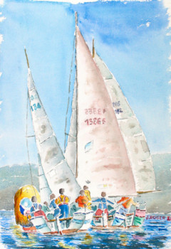 Zeitgenössisches Werk mit dem Titel « régates dans la baie de Marseille en préparation de l'América Cup », Erstellt von ROGER J.