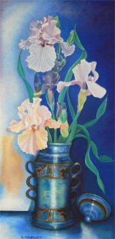 Zeitgenössisches Werk mit dem Titel « Les Iris au vase bleu mexicain », Erstellt von ABERNARDO