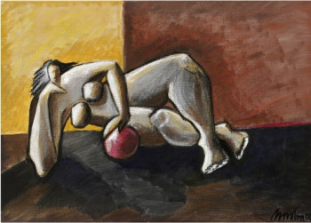 Zeitgenössisches Werk mit dem Titel « LA FEMME ET LA BOULE ROUGE », Erstellt von NATHALIE MOLIN