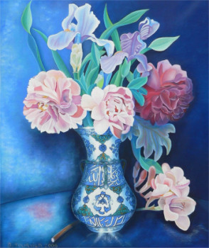 Zeitgenössisches Werk mit dem Titel « Vase bleu aux paéonias », Erstellt von ABERNARDO