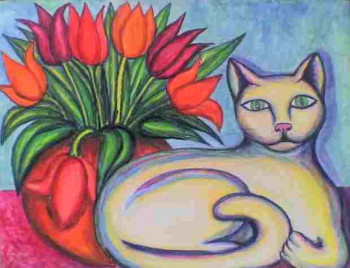 Zeitgenössisches Werk mit dem Titel « Le chat au bouquet », Erstellt von STEPHANE CUNY