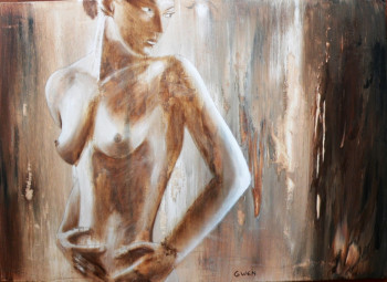 Zeitgenössisches Werk mit dem Titel « Jeune femme nue sur bois usé », Erstellt von GWEN