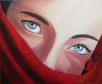 Zeitgenössisches Werk mit dem Titel « Visage de femme au voile rouge », Erstellt von GWEN