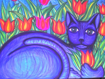 Zeitgenössisches Werk mit dem Titel « Die blaue Katze im Feld von Tulpen », Erstellt von STEPHANE CUNY