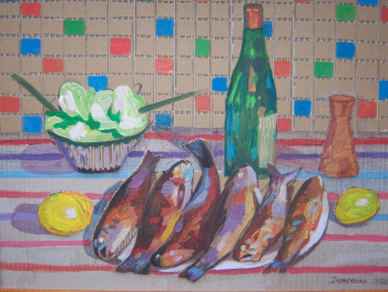 Zeitgenössisches Werk mit dem Titel « stllife with fish », Erstellt von LESYA DEMCHENKO