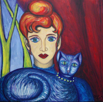 Zeitgenössisches Werk mit dem Titel « Femme rousse au chat bleu », Erstellt von STEPHANE CUNY