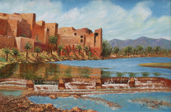 Zeitgenössisches Werk mit dem Titel « kasbah-dans-oasis », Erstellt von MKINSI FANIDA