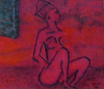 Zeitgenössisches Werk mit dem Titel « Femme rouge au mur », Erstellt von JACQUELINE JEREMIE