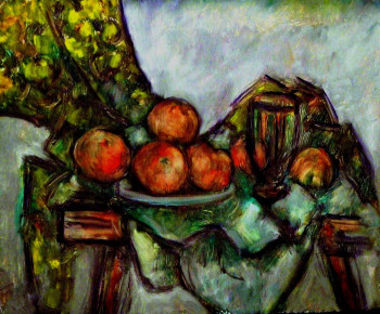 Zeitgenössisches Werk mit dem Titel « "Nature morte, pommes et verre" », Erstellt von JEAN PIERRE HARIXCALDE