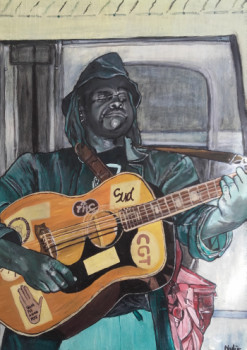 Zeitgenössisches Werk mit dem Titel « Tableau peinture guitariste - 80's spirit », Erstellt von NADEGEPAINTER