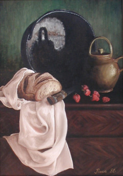 Zeitgenössisches Werk mit dem Titel « Nature morte au pain de campagne », Erstellt von JOEL RIVIERE