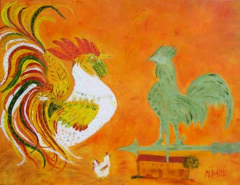 Zeitgenössisches Werk mit dem Titel « LE COQ DE POULAILLER ET LE COQ DE GIROUETTE », Erstellt von MARIE-FRANCE BUSSET