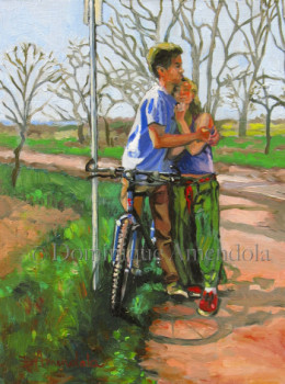 Zeitgenössisches Werk mit dem Titel « Couple s&#8217;appuyant contre une bicyclette », Erstellt von DOMINIQUE AMENDOLA