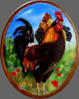 Zeitgenössisches Werk mit dem Titel « Coq fier et sa poule », Erstellt von SYLVIANE PETIT