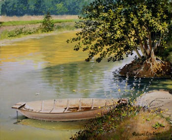 Zeitgenössisches Werk mit dem Titel « LE BATEAU A CHAINE (Arçais, Marais poitevin) », Erstellt von GAUTIER