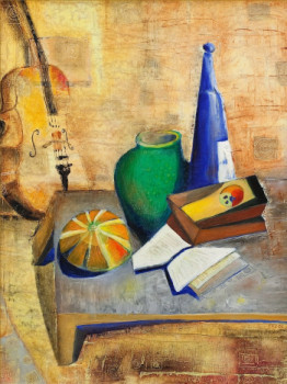 Zeitgenössisches Werk mit dem Titel « Still life with violine and melon », Erstellt von EFS