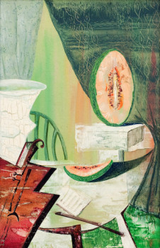 Zeitgenössisches Werk mit dem Titel « Still fife with violine and melon », Erstellt von EFS