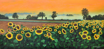 Zeitgenössisches Werk mit dem Titel « champ de tournesol soleil couchant », Erstellt von ANDRé GILLOUAYE