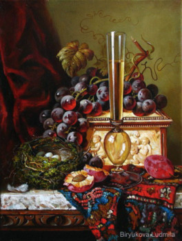 Zeitgenössisches Werk mit dem Titel « Still life with a nest, grapes, glass of wine and a bird's feather. », Erstellt von BIRYUKOVA LYUDMILA