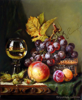 Zeitgenössisches Werk mit dem Titel « Still life with peaches, a glass of wine, boxes and a bunch of grapes. », Erstellt von BIRYUKOVA LYUDMILA