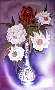 Zeitgenössisches Werk mit dem Titel « Les paéonias blanches et giroflées au vase D'IZNIK », Erstellt von ABERNARDO