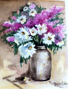 Zeitgenössisches Werk mit dem Titel « Marguerites et lilas », Erstellt von GENEVIEVE S.